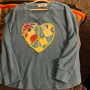 Blue V-Neck Sweater with Heart Patch